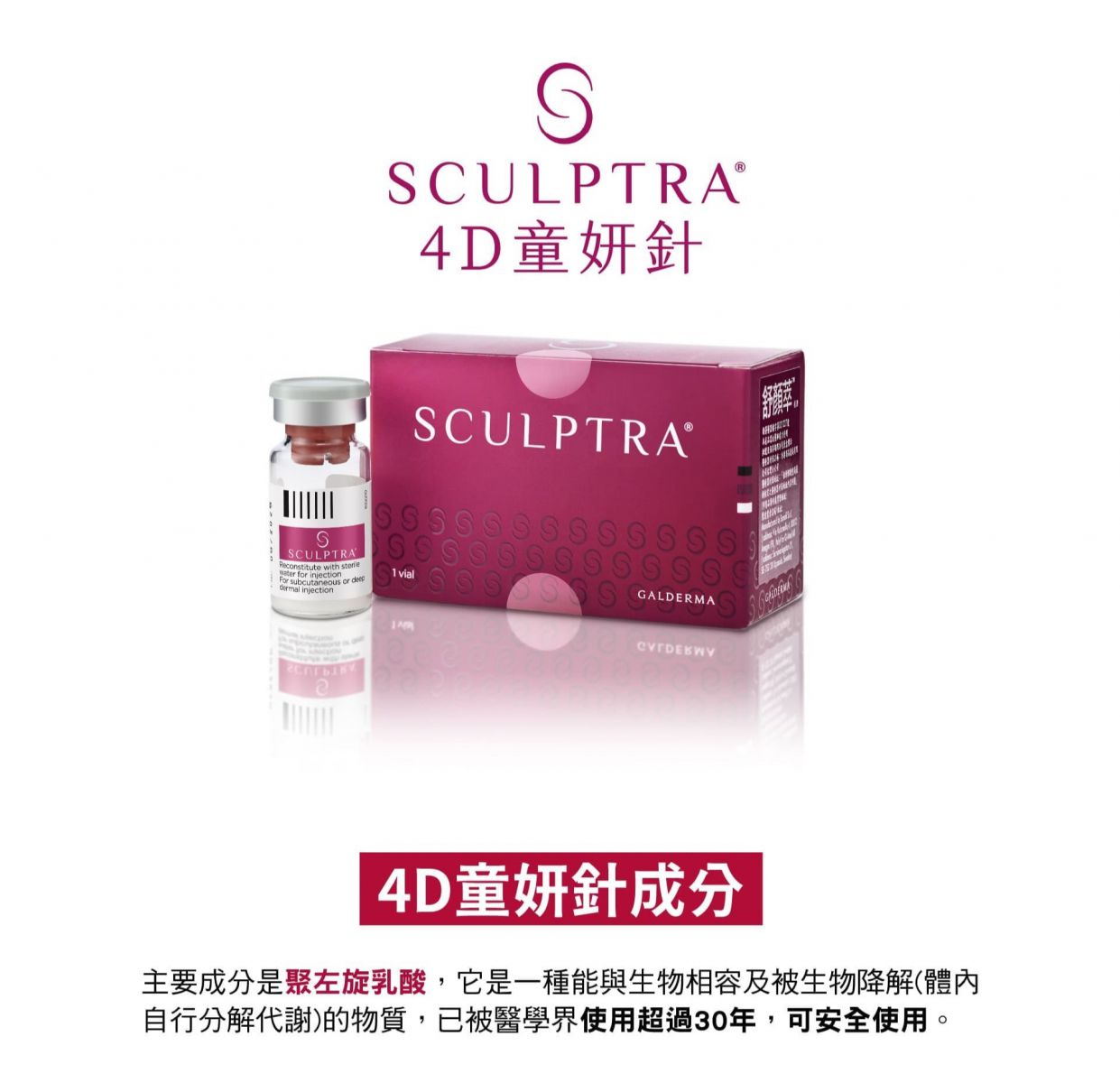 SCULPTRA® 4D童妍針  4D童妍針成分 主要成分是聚左旋乳酸,它是一種能與生物相容及被生物降解(體內自行分解代謝)的物質,已被醫學界使用超過30年,可安全使用。